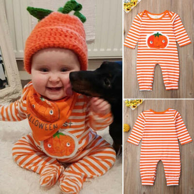 

Newborn Kids Boy Girl First Halloween Pumpkin Romper Jumpsuit Bodysuit Clothes