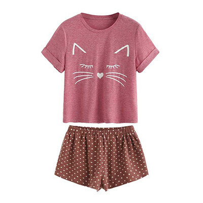 

Roseonmyhand Womens Casual Cat Shorts Short Sleeve Ruffled T-Shirt Sleepwear Nightwear Set
