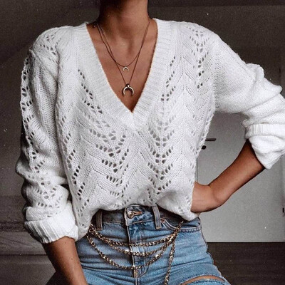 

Women Autumn Winter Fashion Ladies Tops Solid Color Hollow V- Neck Long Sleeve Casual Knitting Sweaters