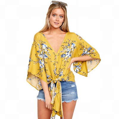 

V-neck cropped sleeve floral print knotted bohemian top