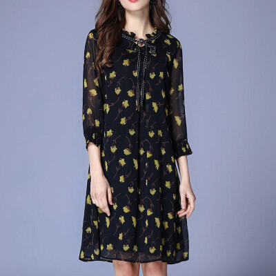 

XL XXL 3XL 4XL 5XL plus size elegant new spring 2019 women chiffon midi dress 34 sleeve big size black flower print loose lady