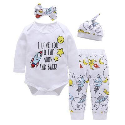 

Newborn Baby Cute Print 4pcs Long Sleeve Set Rompers Pants Headband Hat