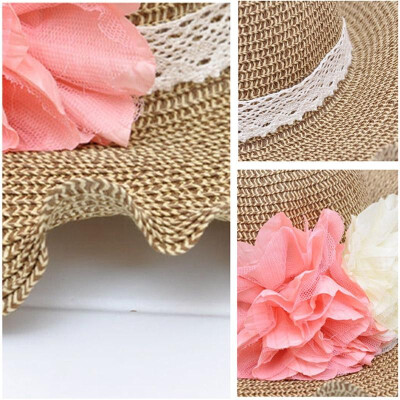 

Fashion Women Lady Straw Hat Contrast Flower Curl Summer Beach Cap BeigeKhaki