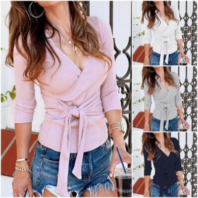 

Fashion Women Pullover V Neck Knit Sweater Slim Fit Tops Tunic Knot Blouse Shirt