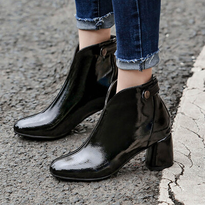 

Rose Fashion Pure Color square Toe zipper Boots Chunky Heels Vintage Women Boots