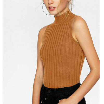 

Women Casual High Neck Vest Top Sleeveless Slim Blouse Solid Tank Tops