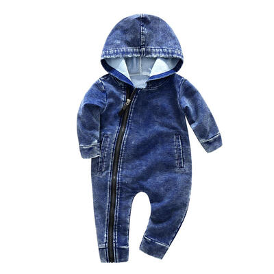 

Cute Fashion Hooded Denim Rompers Long Sleeve Slanted Zipper Baby Jumpsuit