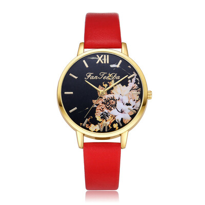 

Hot Selling Women Watches Golden Border Plant Dial Quartz Wristwatch Simple Ladies Leather Strap Clock Relojes Para Mujer