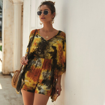 

Women Summer Sweet Printed Romper Lace Loose V-neck Short Sleeves Slim High Waist Jumpsuit