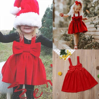 

Xmas Kids Baby Girls Princess Bow Dress Party Pageant Dress Suspender Skirt