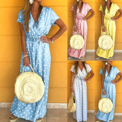 

Womens Boho Polka Dot V Neck Long Maxi Warp Dress Ladies Short Sleeve Sundress