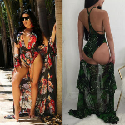 

US Women halter floral print backless swimwear swimsuit bikini with cover up