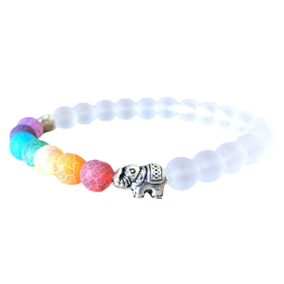 

8 mm Matte White Pearl Elephant Bracelet Colourful Chakra Yoga Beads Hand String Unisex Pair Jewellery
