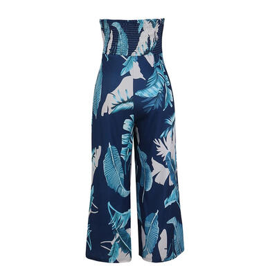 

Women Jumpsuits Digital Leaves Print Off Shoulder Casual Wide Leg Pants