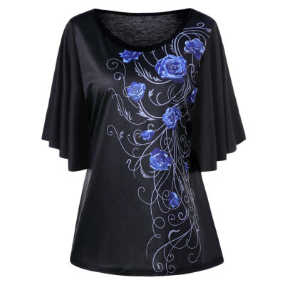 

Roseonmyhand Fashion Women Plus Size Tiny Floral Printed Drape Sleeve T-shirt Tops Blouse