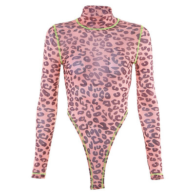 

Sexy Slim Long Sleeve Splicing Design Romper Fashion Trend Leopard Print Womens Top