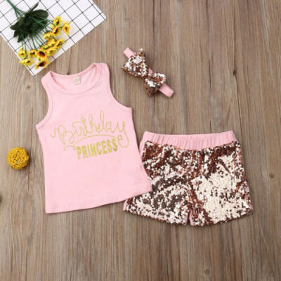 

3PCS Kid Baby Girls Outfits Summer Sleeveless T-shirt TopsSequin Shorts Clothes