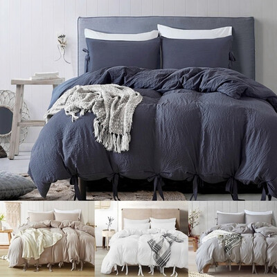 

Natural Soild Color Washed Cotton Duvet Cover Set Bedspread Fitted Sheet TwinQueenKing Bedding Set4 Colors