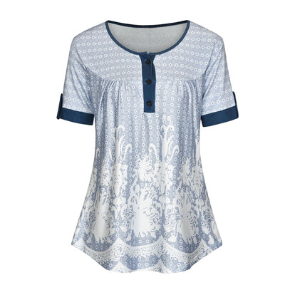 

Womens Round Neck Short Sleeve Tops Buttons Printed T Shirt Summer Retro Blouse