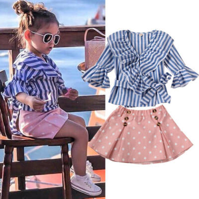 

Infant Kids Baby Girls Ruffle Tops Stripe T Shirt Polka Dot Skirt Outfits Set UK