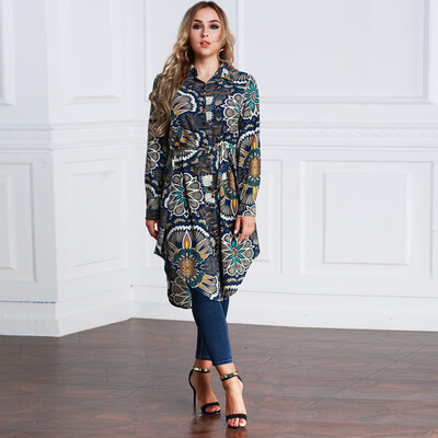 

New Fashion Women Long Floral Print Shirt Blouse Turn-down Collar Long Sleeve Asymmetric Hem Shirt Dress Dark Blue
