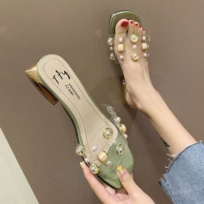 

Fairy wind thick with pearl sandals&slippers transparent summer wear low-heeled womens shoes