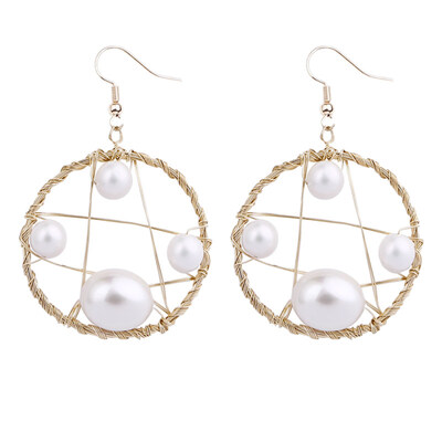 

Fashion Circle Star Faux Pearl Inlaid Pendant Women Hook Earrings Party Jewelry