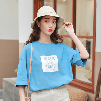 

JOY OF JOY Jingdong Womens 2019 Summer New Short Sleeve T-Shirt Female Korean Loose Round Neck Turtleneck Letter Print Top Women JWTD191840 Blue