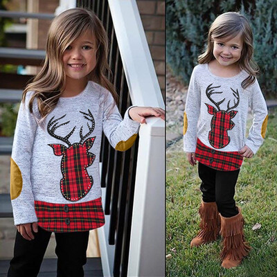 

Infant Baby Girls Christmas XMAS Embroidery Deer Plaid Tops Pants Clothing Set