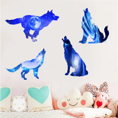 

〖Follure〗3D Blue Starry Wolfs 2 PcsSet Wall Stickers With Planets Stars Starry Sky Remov