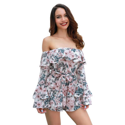 

Jumpsuit Off Shoulder High Waist Bandage Ruffle Women Floral Print Playsuit