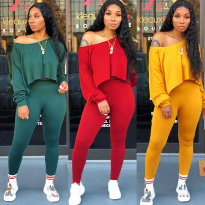 

Womens 2Piece Outfit Long Sleeve Off Shoulder Crop Top Pants Set Autumn Jumpsuit