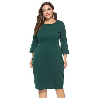 

Round Collar 34 Bell Sleeve Bodycon Solid Color Plus Size Women Dress
