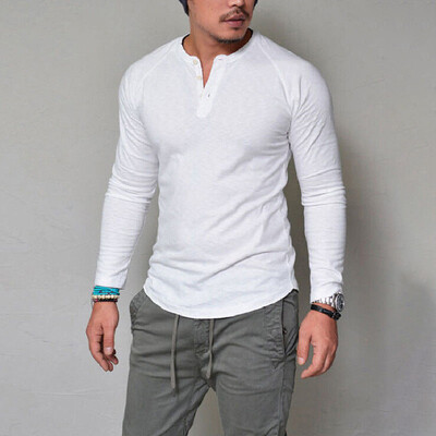 

Mens Casual Solid V Neck Slim Fit Tops T Shirt Long Sleeves Button Muscle Tee