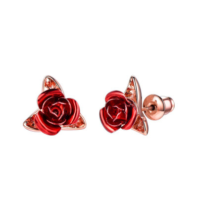 

Cute Red Rose Metal Flowers Stud Earring For Women Lady Romantic Gift Brincos Wedding Earrings Party Jewelry bijoux