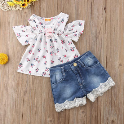 

Toddler Newborn Kid Girls Off Shoulder Floral T-shirt TopsDenim Shorts Pants Outfits Clothes