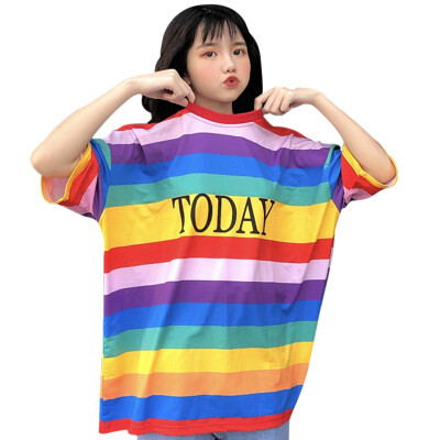 

Style Casual Women Rainbow Striped Women T-shirt Summer Short Sleeve Oversize Loose T Shirt Tee Top