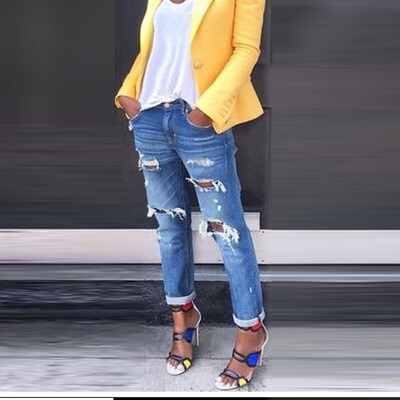 

Tailored Women Mid Waisted Long Pants Pocket Denim Jeans Hole Stretch Length Jeans