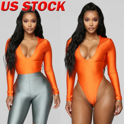 

Sexy Women Long Sleeve Shirt Jumpsuit Bodysuit Hooded Stretch Leotard Blouse