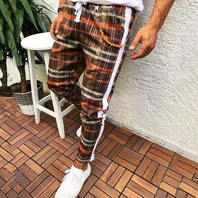 

Gobestart Men Lattice Pencil Casual Plaid Drawstring Elastic Waist Long Pants Trousers