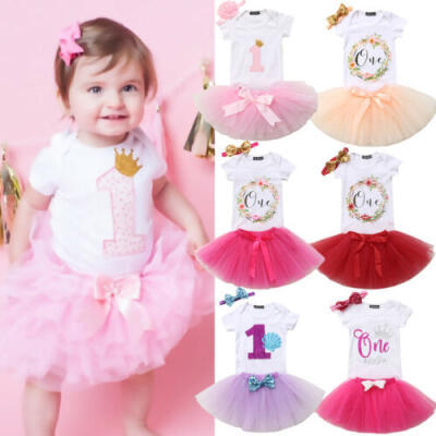 

Baby Girl First 1st Birthday Outfit Romper Tutu Skirt Dress Cake Party Headband