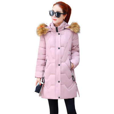 

Winter Women Fur Collar Hooded Long Jacket Slim Fit Zipper Thick Parkas