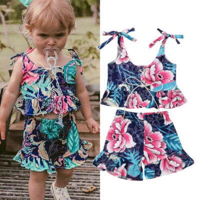 

US Toddler Kids Baby Girl Flower Strap Tops Short Pants Outfits Clothes Summer
