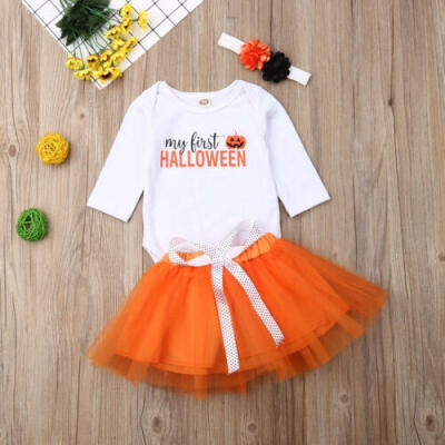 

Halloween Infant Kids Baby Girl Pumpkin Romper TopsSkirts Outfit Clothes Set US