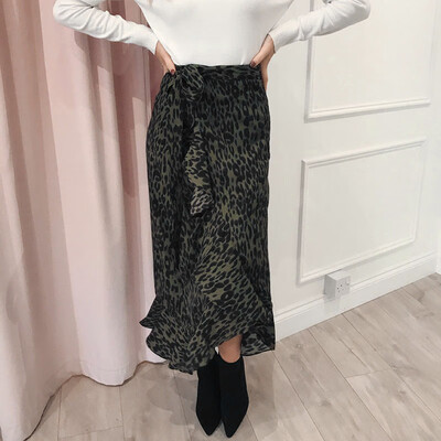 

Womens Leopard Print Ruffle Skirt High Waist Stretch Office Party Casual Dress