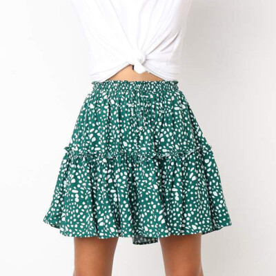 

Roseonmyhand Fashion Women Casual Polka Dot Print Ruffles A-Line Pleated Lace Up Short SKirt