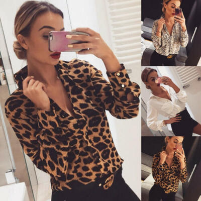 

Women Spring Leopard Print Long Sleeve Button V Neck T Shirt Casual Blouse Tops