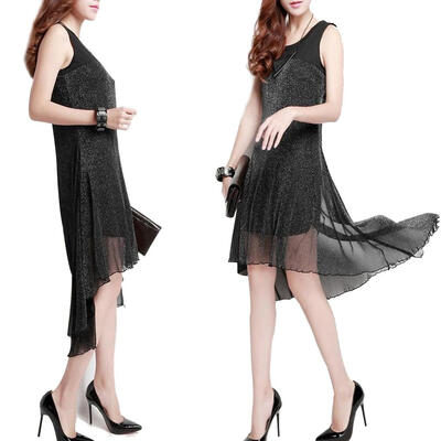 

Fashion Solid Color Dress Women O-neck Sleeveless Mesh Splicing Dresses