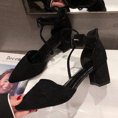 

Chic commuter sandal woman with sharp point shallow mouth crossed buckle&thick heels in summer
