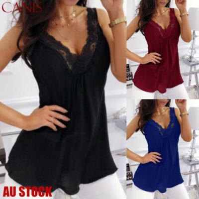 

Women Deep V Neck Lace Sexy Vest Summer Sleeveless Tank Tops Beach Singlet AU